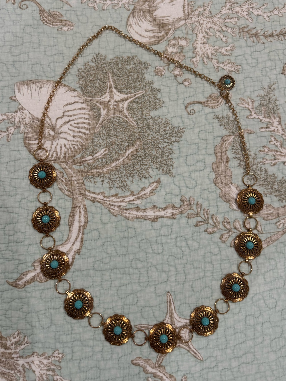 Gold-Tone Floral Link Chain Belt with Turquoise Accents